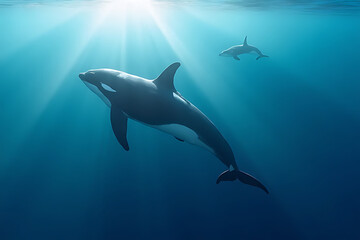 Fototapeta premium Hyper realistic top-down scene of killer whales near coastlines in shallow waters with soft blue gradients and sunrays, calm and elegant layout 