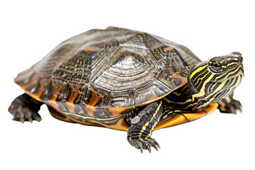 Obraz premium Adorable Red-Eared Slider Turtle On White, Showcasing Its Vibrant Colors And Unique Patterns.