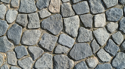A high-resolution seamless gray cobblestone wall or road texture, designed with grungy stone patterns and natural variations. The repeatable design is perfect for creating realistic 3D renderings