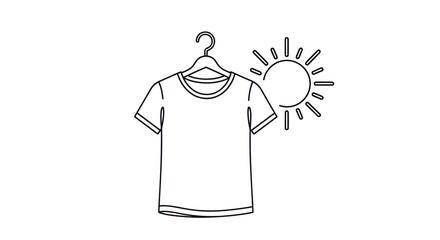 A white t shirt hanging on a hanger with a sun graphic next to it in a simple line drawing style