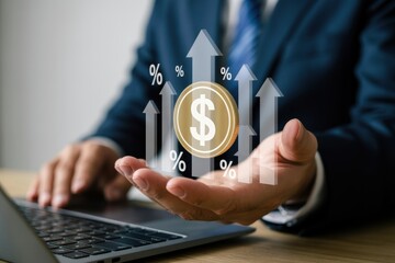 Person holding a projected graph of increasing financial metrics.