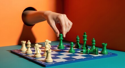 A hand emerging from a hole in an orange wall moving a green chess piece on a blue and white board