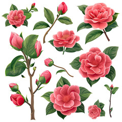 Camellia Vector Set. Realistic Pink Blooms And Buds With Leaves, Floral Elements Isolated On White.