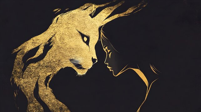 gıolden side profile icon of a panther's head fused with a female face. Concept : themes like feminine power, wildlife symbolism, personal identity, logo and brand design, empowerment, elegance in st