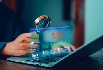 
Businessman using magnifying glass in job search network with human resource development concept icons. Recruitment leadership, resources, policy, feedback, professional team.