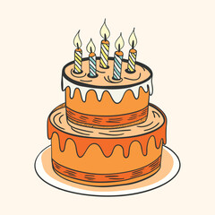 A two-tiered birthday cake with orange icing and five colorful candles on top. The cake is placed on a white plate against a light background.
