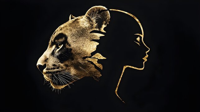 gıolden side profile icon of a panther's head fused with a female face. Concept : themes like feminine power, wildlife symbolism, personal identity, logo and brand design, empowerment, elegance in st
