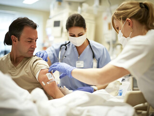 Obraz premium Nurse administering injection to patient in hospital emergency room setting