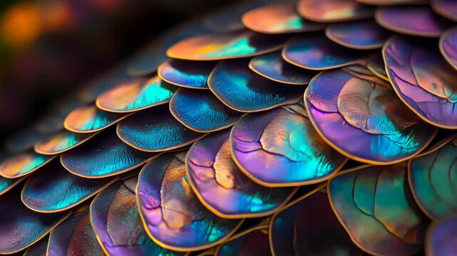 Iridescent dragon scales in extreme macro view, glowing with vivid colors and fantasy texture. Abstract, surreal design perfect for mythical creature themes, digital art, or magical fantasy visuals.