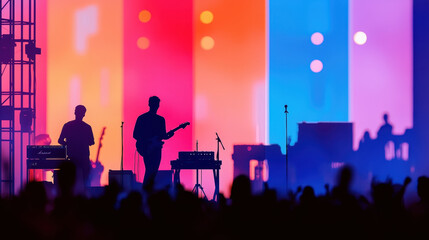 Vibrant concert stage with band performing, featuring colorful lights and silhouettes of musicians. atmosphere is electric