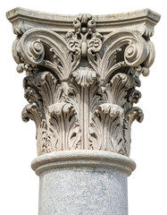Obraz premium Decorative stone pillar adorned with intricate curved floral designs Isolated on Transparent or White Background