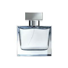 Minimalist square perfume bottle with silver cap. Isolated white background. Png format