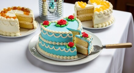 A view of three cakes on plates, one blue with roses, one with orange slices, and a disco ball behind