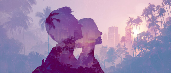pair of holiday makers profiles looking in the same direction; tropical paradise scenery with palm trees; vibrant violet aesthetic; concept of choice: nature or urban travelling