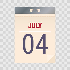 July 4th vintage calendar page with curl effect. Vector illustration on a checkered background