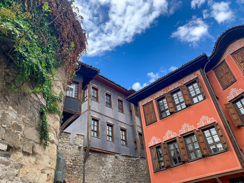 Fototapeta Old houses in the historic center of the city, the most beautiful architecture of the world capital of Bulgaria, Plovdiv.