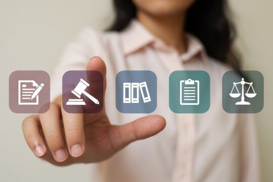 Hand interacting with legal icons on a touch screen.