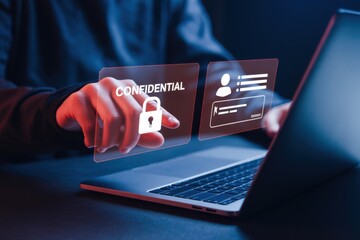 Person interacting with a digital interface displaying confidential information.