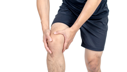 Male running sport injury. athlete jogger man massaging hip calf and leg muscle and stretch Isolated on Transparent or White Background