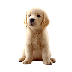 Adorable golden retriever puppy sitting proudly against a black background looking upward