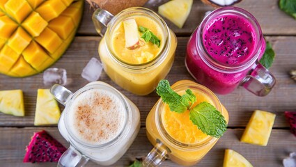 Wooden table filled with colorful tropical smoothies in mason jars, including mango, pineapple, dragon fruit, and coconut, with fresh fruit and mint garnish.
