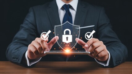 Businessman using a tablet with security symbols overlaid.