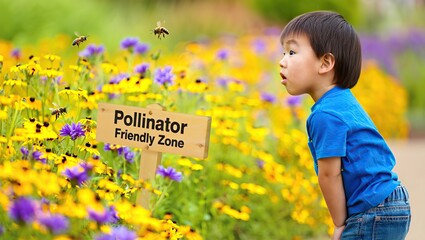 Close-up of vibrant blossoms with bees pollinating in a “Pollinator Friendly Zone,” as a child watches curiously in the soft-focused background.