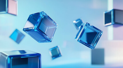 A 3D composition of floating blue cubes with reflective glass surfaces, placed in front of a soft, gradient blue backdrop, with geometric elements adding depth and complexity to the scene,