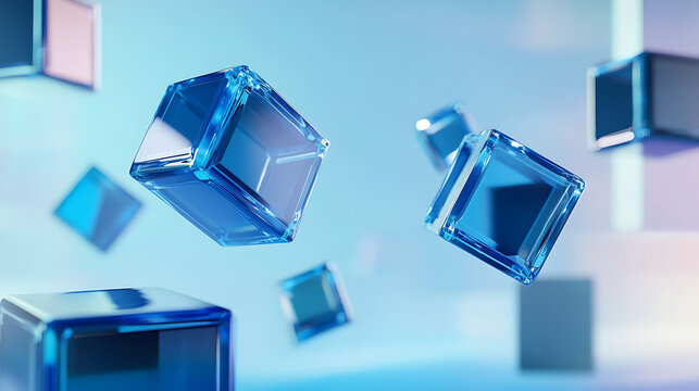 A 3D composition of floating blue cubes with reflective glass surfaces, placed in front of a soft, gradient blue backdrop, with geometric elements adding depth and complexity to the scene,