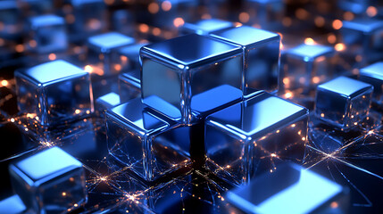 A 3D scene featuring shiny blue cubes stacked on top of each other, surrounded by a network of glowing triangles and squares, with dynamic light trails enhancing the geometric flow,