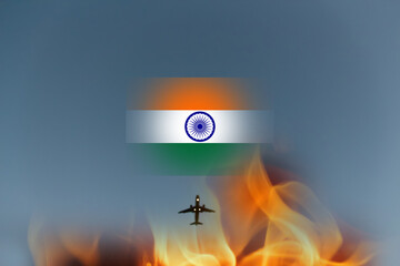 Passenger plane crashed in India. Plane crash 2025. Indian flag. fire