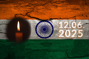 Crash plane in India. News India 2025. Flag background