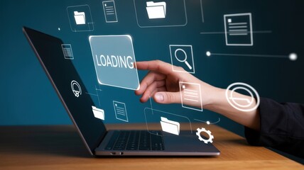 A hand interacts with a laptop screen displaying a loading interface.