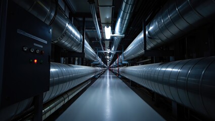 Polished concrete corridor lined with massive metal pipes, ducts, and control panels—showcasing a sleek, industrial interior design.