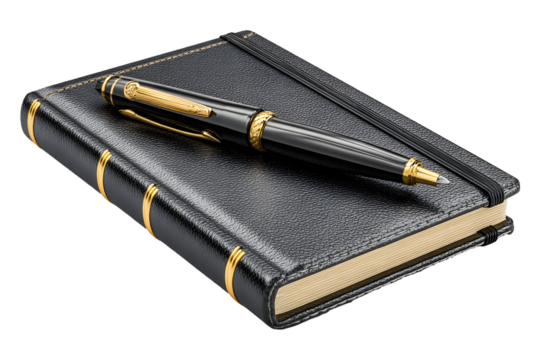 Elegant black leather notebook with gold accents and a matching fountain pen