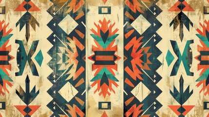 Native american tribal geometric pattern with colorful shapes and vintage grunge texture