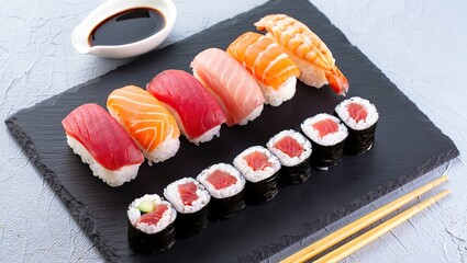 Assorted sushi platter with colorful nigiri and maki rolls artfully arranged on a black stone plate, served with soy sauce and chopsticks.