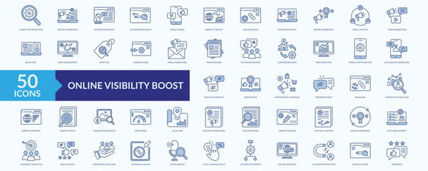 Online visibility boost icon collection set with search optimization, digital marketing, keyword research,web analytics, influencer marketing