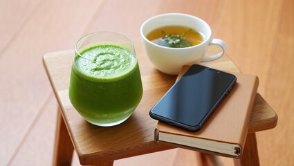 Smoothie beside a turned-off phone, journal, and herbal tea on a wooden table—symbolizing digital detox, mindfulness, and holistic wellness.