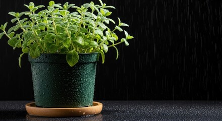 A potted plant with green leaves sits in the rain against a dark background with water droplets on it