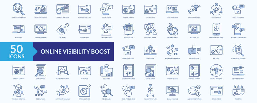 Online visibility boost icon collection set with search optimization, digital marketing, keyword research,web analytics, influencer marketing