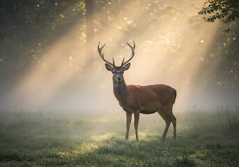 Majestic Deer in Misty Sunrise