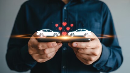 Mobile phone displaying a car icon with hearts, signifying online car services.