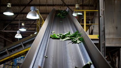 Conveyor belt in a recycling factory carries scattered leaves, set against industrial lighting that highlights the eco-friendly process.