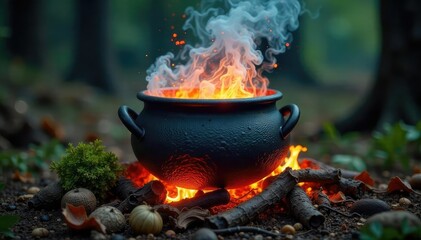 A bubbling cauldron over a crackling fire, steam rising amidst swirling herbs and strange ingredients Perfect for Halloween, fantasy, witchcraft, or dark fairytale themes , potion, mystical, dark
