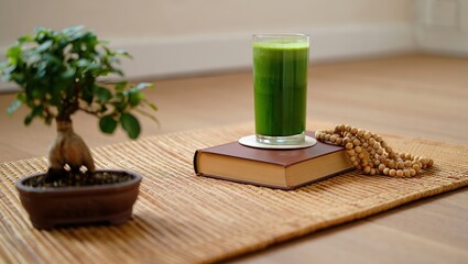 Peaceful zen scene with bamboo mat, bonsai tree, green smoothie, meditation beads, and a book—perfect for mindful relaxation and balance.