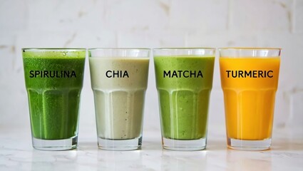 Colorful row of smoothie glasses with superfoods like spirulina, chia, matcha, and turmeric, neatly labeled on a clean white countertop.