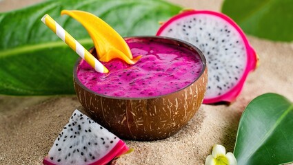 Bright pink dragon fruit smoothie served in a coconut shell, surrounded by pitaya halves and tropical leaves on a sandy beach background.