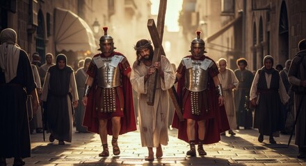 Naklejka premium Jesus Carrying the Cross accompanied by Roman Soldiers through Jerusalem Streets
