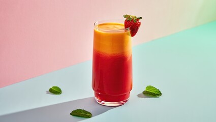 Bright studio shot of a single smoothie in a modern clear glass, set against a pastel background with minimal props and elegant shadow play.